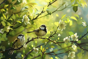 Small birds singing on a green spring blossoming tree branch with sunshine and shadows in close up detail