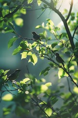 Small birds singing on a green spring blossoming tree branch with sunshine and shadows in a natural setting