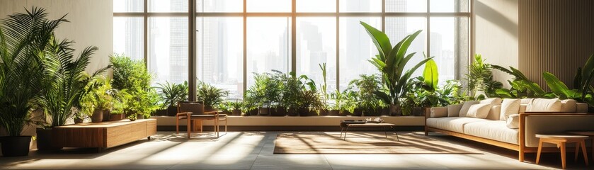 Spacious open concept living area adorned with lush, vibrant plants for a refreshing natural ambiance.