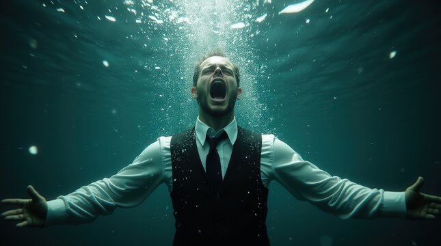 A man in a suit screams underwater, face twisted in panic, bubbles rising, sharp light cuts through, dramatic tension