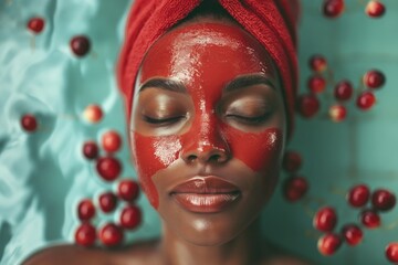 A serene Black woman enjoying a cherry face mask, surrounded by fresh cherries, with a red towel on her head in a tranquil setting.