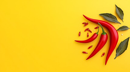 Obraz premium Vibrant Red Chili Peppers on Yellow Background: A Flat Lay Food Photography AI Generated