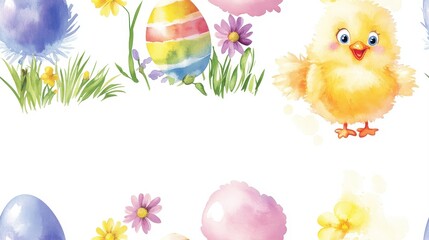 Cute Easter Day seamless pattern featuring fluffy bunnies, colorful eggs, and spring flowers in a joyful design.