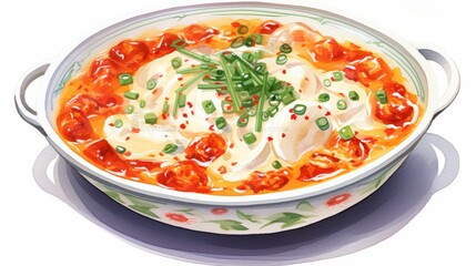 Traditional Bhutanese Emadatshi Spicy Cheese and Chili Dish Watercolor Illustration on White Background
