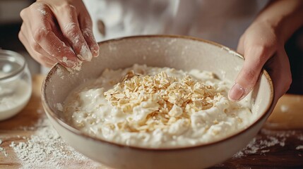 Fototapeta premium Person preparing batter and adding flakes to a bowl