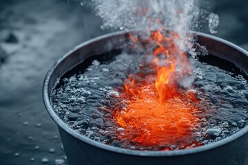 Bubbling hot liquid with visible steam and flames in a metal container