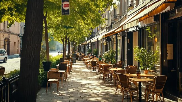 Charming Outdoor Cafe Scene on a Sunny Day in Europe with Empty Tables