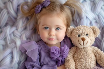 Fototapeta premium A sweet little girl with blonde hair and blue eyes cuddles her teddy bear, dressed in a purple outfit, surrounded by a cozy blanket.