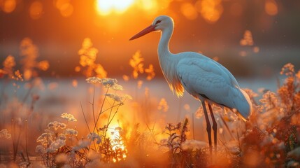 Naklejka premium Majestic white bird silhouetted against a vibrant sunset, surrounded by wildflowers.