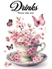  Elegant Spring Drinks Invitation Sign with Floral Teacup Design