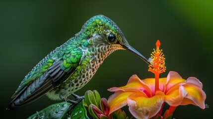 Obraz premium Hummingbird feeding on a vibrant orange flower. Nature's beauty captured in stunning detail.