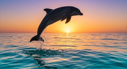 Dolphin leaps joyfully at sunset vibrant ocean colors. AI Generated