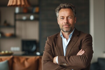Confident middle-aged Caucasian man in brown blazer with crossed arms, exuding professionalism in a stylish modern workspace.