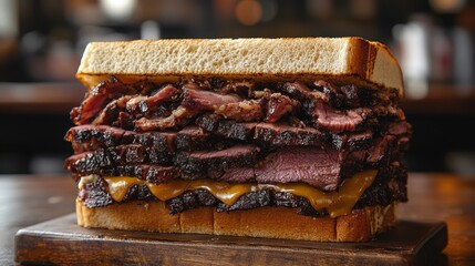 A towering sandwich, its glistening brisket and juicy fillings cascading down a wooden chop block, its vibrant colors a feast for the eyes.