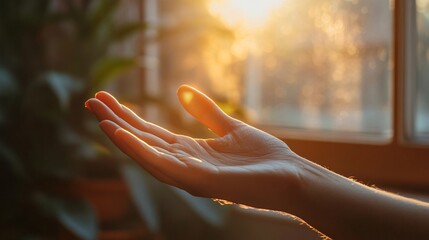 A hand reaching towards the sunlight streaming through a window
