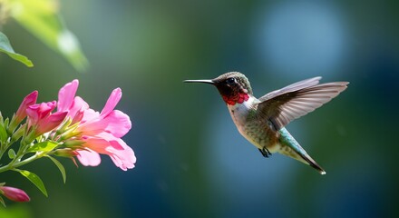 Vibrant hummingbird gracefully hovers near pink blossoms bathed in soft sunlight. AI Generated