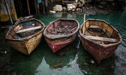 Weathered Wooden Boats Adrift in Calm Water at a Rustic Dock Surrounded by Lush Coastal Scenery and Tranquil Environment