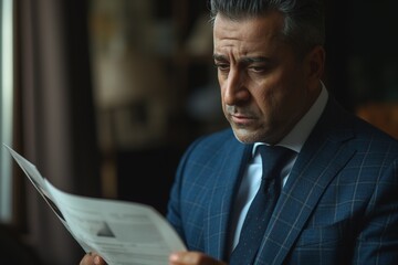 Fototapeta premium Middle-aged Middle-Eastern man in a tailored suit, deeply focused on reading important documents indoors.
