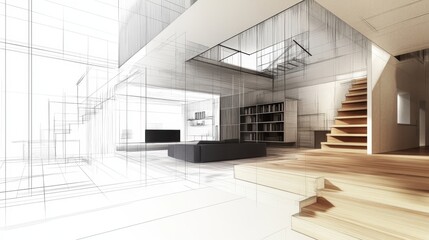 Architectural renovation sketch: Home interior with stairs and living room 