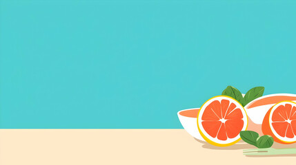 Fresh Sliced Grapefruits with Mint Leaves on a Bright Background