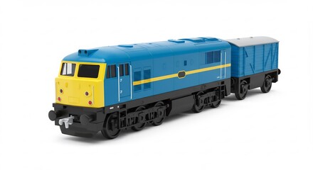 Obraz premium Blue diesel locomotive model train set brightly lit studio shot. AI Generated