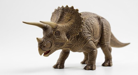 Fototapeta premium Intricate Triceratops model powerfully posed against bright white background. AI Generated