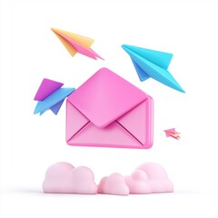 Colorful Paper Airplanes Delivering a Pink Envelope on Clouds - 3D Render