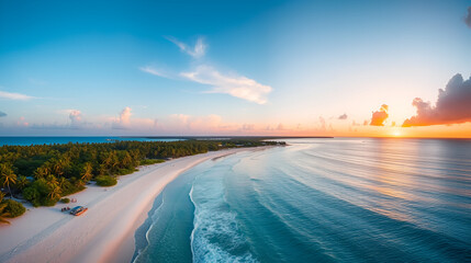 aerial panoramic view of seven mile beach in the tropical paradise of the cayman islands in the caribbean sea after sunset