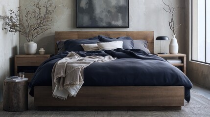 Generative AI, Modern Minimalist Bedroom with Wooden Bed Frame and Neutral Tones