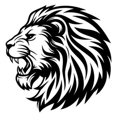 lion head black silhouette vector illustration, kingly style, cool, heroic, with flying hair, fine hair, on transparent background