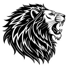 lion head black silhouette vector illustration, kingly style, cool, heroic, with flying hair, fine hair, on transparent background