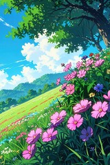 Obraz premium A beautiful flowery meadow scene featuring rolling green hills and blue skies
