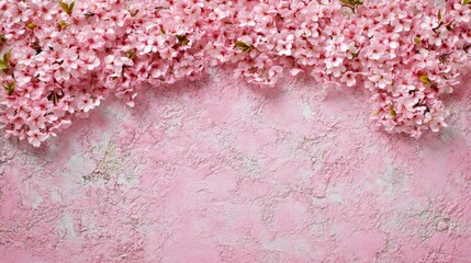 Pink Cherry Blossom Border on Textured Pink Background 