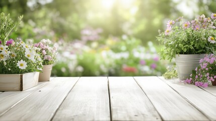 Fototapeta premium White wooden table featuring terracotta flower pots, blurred garden backdrop, sunlit setting for product display