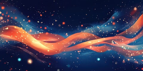 Abstract image of flowing ribbons and floating particles on dark background