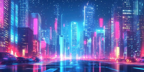 Fototapeta premium Futuristic Cityscape with Vibrant Neon Lighting and Sleek Cars