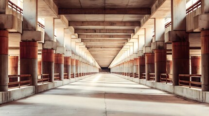 A Serene, Sunlit Passageway In A Modern Concrete Structure, Showcasing Rows Of Sturdy Columns And A Long Perspective, Bathed In Warm, Natural Light