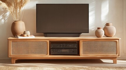 Modern Wooden Tv Stand with Rattan Details in a Minimalist Living Room