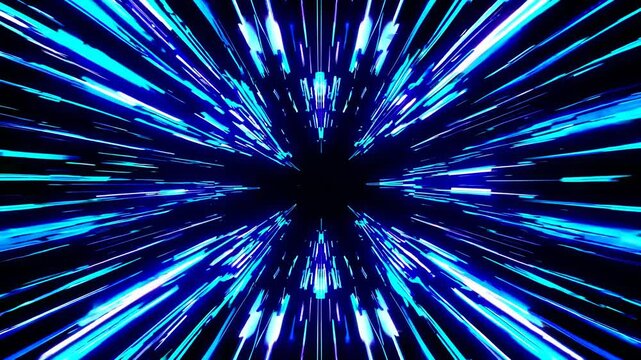 Dynamic video concept with a futuristic style, featuring a first-person perspective of blue light streaks creating a warp-speed effect. Live desktop wallpaper.