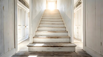 A Sunlit Staircase Whispers Stories Of Time Passed, Its Worn Wooden Steps Leading To An Unknown Destination In A Serene, Whitewashed Hallway Bathed In Soft, Ethereal Light