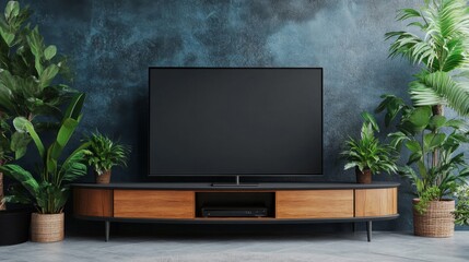 Modern Living Room with Large Flat Screen TV and Lush Green Plants