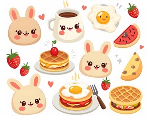 The image showcases a delightful assortment of kawaii-style food items arranged in a playful composition.