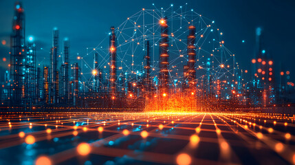 futuristic geothermal energy plant with AI controlled systems is depicted, showcasing network of glowing connections and industrial structures. scene is illuminated with vibrant orange and blue