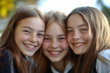 Teenage school friends smiling to camera, close up