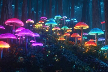 Vibrant bioluminescent mushrooms illuminate a mystical forest pathway during twilight hours