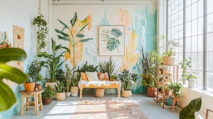 Bright Plant Room: Indoor Garden Wall Art Bench and Rug 