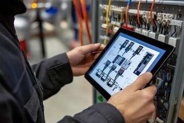 An electrician is diligently installing a smart home electrical system, utilizing a tablet to efficiently configure various devices in a modern residential environment