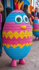 Egg Shaped Bird Pi?ata with Blue Pink and Yellow Zigzag Design and Feather Crown