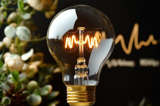 Unique vintage light bulb shines brightly against green plants and black background