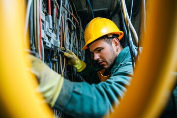An electrician in safety gear works diligently to repair underground electrical cables in a cramped environment. His concentration on the task ensures safety and efficiency